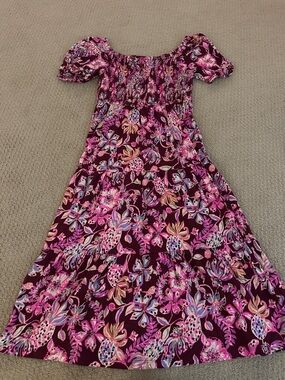 Lilly Pulitzer Girls Floral Puff-Sleeve Dress in Berry Pink and Purple